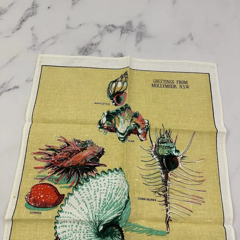 Vintage 70s Australian Sea Shells Linen Tea Towel New Yellow Blue Mollymook NSW